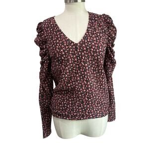 Loft Floral Puff Long Sleeve Top in Black & Pink Floral V-Neck Size Small